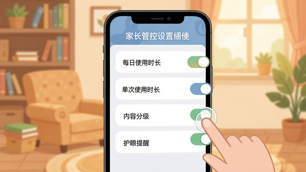 启蒙兔学习助手家长管控设置界面,画面展示一个手机屏幕样式的设置面板,上面有“每日使用时长”“单次使用时长”“内容分级”“护眼提醒”等开关选项,旁边有家长手指点击操作的示意,背景为温馨的家庭书房场景,风格为扁平化插画,色调柔和温暖,画质清晰干净