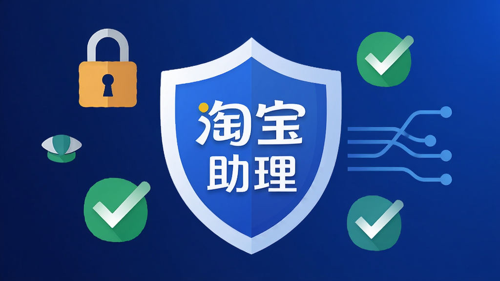 淘宝助理安全稳定特性宣传图,画面中央是一个盾牌图标,盾牌上有淘宝助理文字,周围环绕着锁、勾选标记、数据流等元素,背景为深蓝色渐变,风格为扁平化设计,画质清晰,干净,无多余元素