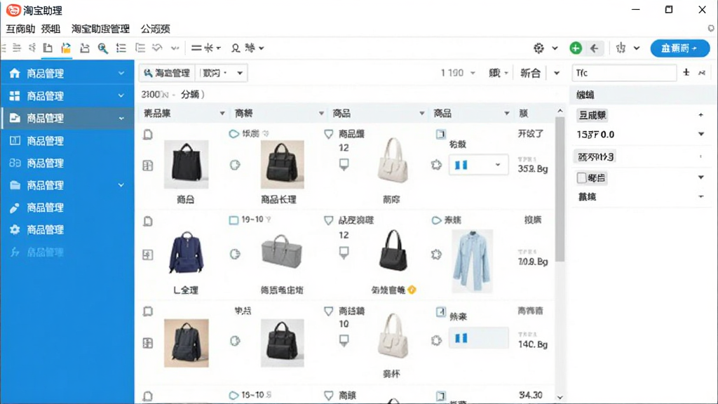 淘宝助理软件主界面预览图,画面中央展示软件窗口,左侧为商品管理导航栏,右侧为商品列表和编辑区域,界面简洁清晰,采用蓝色和白色为主色调,顶部有菜单栏和工具栏,整体布局规整,风格为软件界面截图,画质清晰,干净,无多余元素