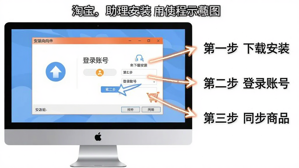 淘宝助理安装使用教程示意图,画面中显示一个电脑屏幕,屏幕上有安装向导窗口和操作步骤箭头标注,旁边有文字“第一步 下载安装”“第二步 登录账号”“第三步 同步商品”,风格为教程图解,画质清晰,干净,无多余元素