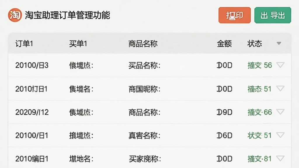 淘宝助理订单管理功能界面图,画面展示软件中的订单列表页面,包含订单编号、买家昵称、商品名称、金额、状态等字段,顶部有打印和导出按钮,界面整洁,采用浅色背景,风格为软件界面截图,画质清晰,干净,无多余元素