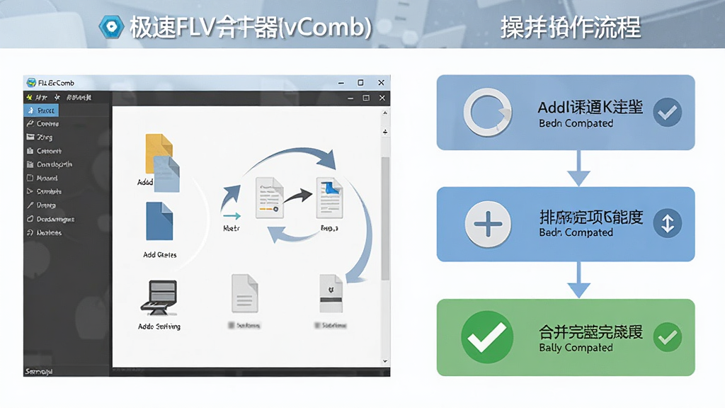 一张展示极速FLV合并器(FlvComb)功能特色的图片,主体为软件主界面与操作流程图,布局为左侧软件截图、右侧三步操作示意图,排版左右对照,风格为扁平化信息图风格,细节包括添加文件图标、排序箭头、合并完成勾选标记,画质清晰,干净,无多余元素