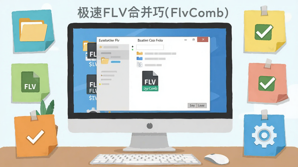 一张展示极速FLV合并器(FlvComb)使用技巧的图片,主体为电脑桌面上的软件操作场景,布局为屏幕中央软件窗口、周围环绕提示便签,排版居中构图,风格为清新扁平插画风格,细节包括文件夹图标、FLV文件标识、勾选标记、齿轮设置图标,画质清晰,干净,无多余元素