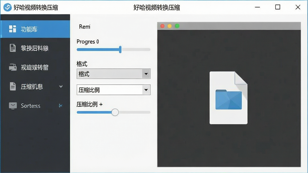 一张展示好哈视频转换压缩软件主界面的图片,画面中央是软件窗口,左侧为功能导航栏,右侧为文件拖拽区域,窗口标题栏清晰写着“好哈视频转换压缩”,整体布局简洁,排版整齐,风格为现代扁平化科技风,细节包括进度条、格式下拉框、压缩比例滑块,画质干净清晰,无多余元素