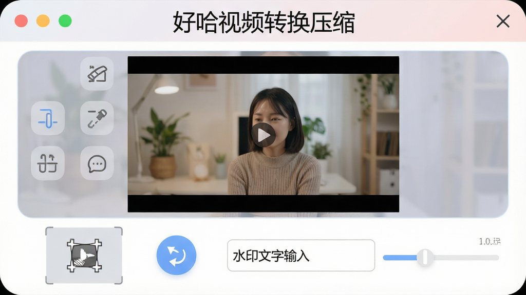 一张展示好哈视频转换压缩基础编辑功能的图片,画面中软件界面显示视频预览窗口,下方有裁剪框、旋转按钮、水印文字输入框,软件名称“好哈视频转换压缩”显示在界面顶部,布局为上下结构,风格为柔和圆角现代风,细节包括预览画面、编辑工具图标、参数滑块,画质干净清晰,无多余元素