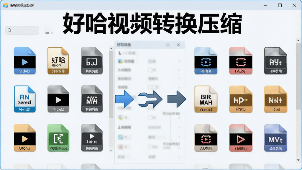 一张展示好哈视频转换压缩格式转换功能的图片,画面中多个视频文件图标排列在左侧,中间有箭头指向右侧不同格式的图标,软件名称“好哈视频转换压缩”显示在界面顶部,主体突出,布局为左右对称式,风格为清爽浅色科技风,细节包括格式图标、转换箭头、文件列表,画质干净清晰,无多余元素