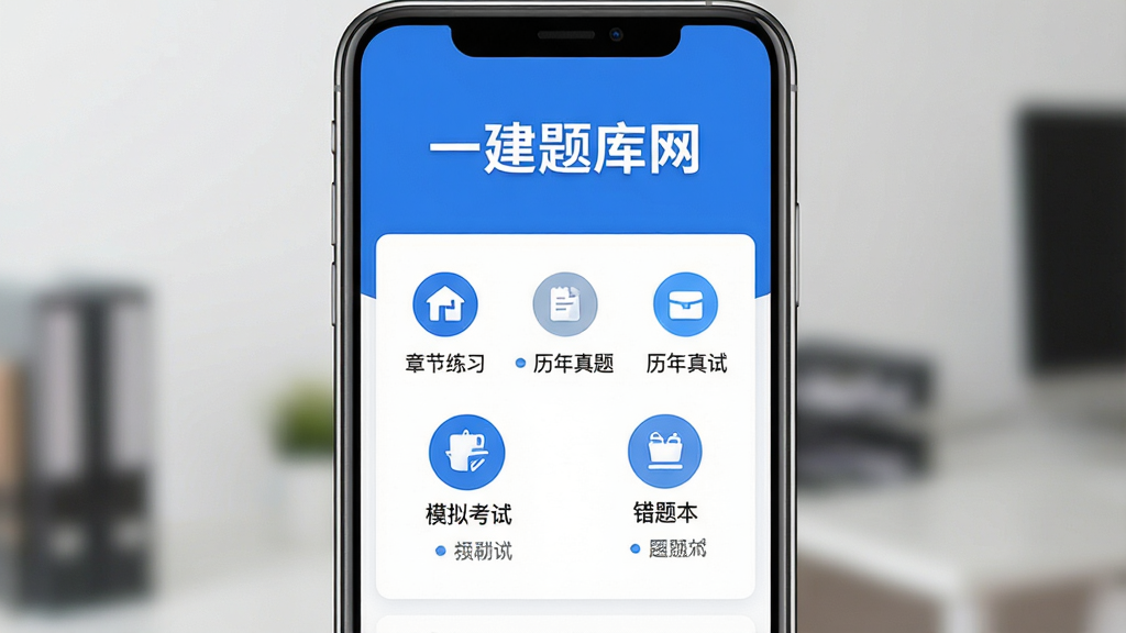 一建题库网手机APP主界面预览图,画面中央展示软件启动页面,顶部有“一建题库网”文字标识,下方排列章节练习、历年真题、模拟考试、错题本等功能入口图标,整体布局为竖版手机屏幕,简约教育风格,白色与蓝色为主色调,界面干净整洁,文字清晰可辨,高分辨率画质,无多余装饰元素
