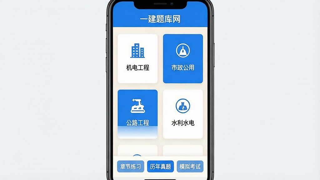一建题库网题库分类界面展示图,画面为手机屏幕竖版布局,顶部显示“一建题库网”名称,中间区域以卡片形式排列建筑工程、市政公用、机电工程、公路工程、水利水电等专业科目分类,每个卡片配有对应的简约图标,下方有章节练习、历年真题、模拟考试等标签按钮,浅色背景,蓝色高亮选中状态,界面清爽,文字排版规整,高清画质,无杂乱元素