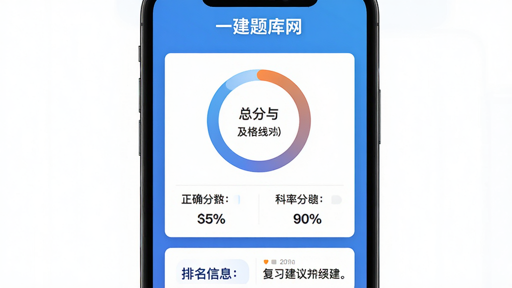 一建题库网模拟考试成绩报告界面图,手机屏幕展示成绩单页面,顶部有“一建题库网”标识,中间以环形图展示总分与及格线对比,下方分科目列出正确率百分比,底部有排名信息和复习建议文字,整体风格为数据可视化仪表盘,蓝色渐变背景,白色卡片,高清画质,排版清晰,无多余元素