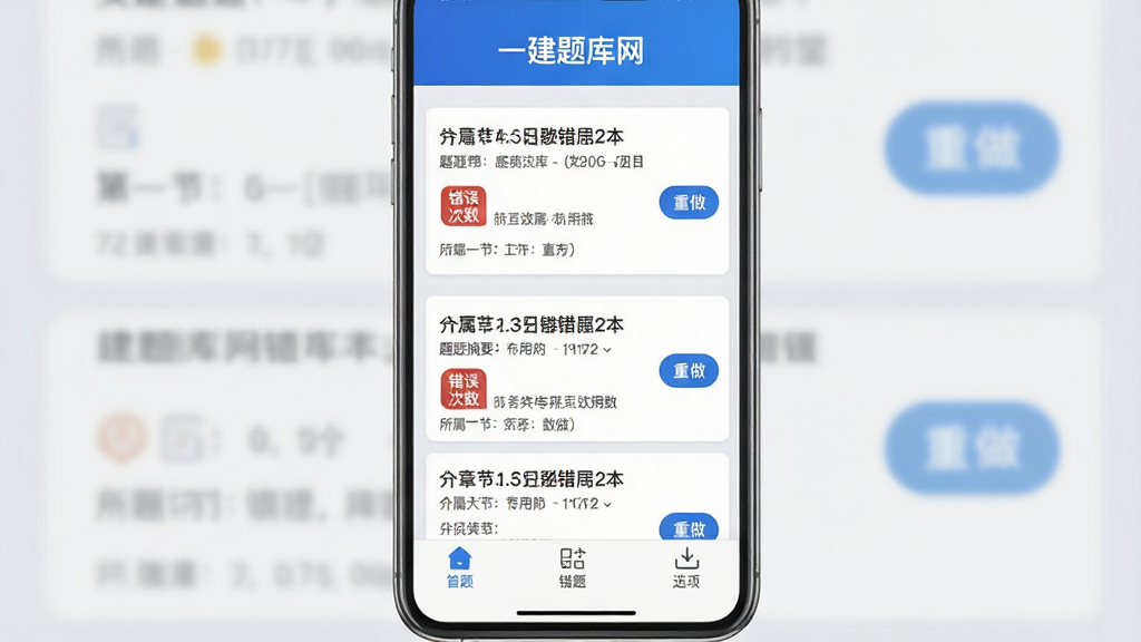 一建题库网错题本功能界面图,手机竖版屏幕中展示错题列表页面,顶部有“一建题库网”文字,下方每条错题显示题目摘要、错误次数标签、所属章节,右侧有重做按钮,底部导航栏有错题导出选项,界面采用卡片式布局,浅灰底色搭配蓝色强调色,干净整洁,文字清晰,高分辨率,无多余装饰