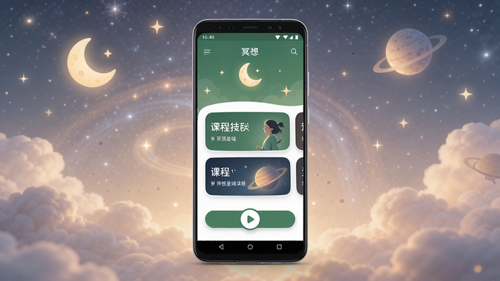 冥想星球应用主界面展示,画面中央放置一部安卓手机,手机屏幕上显示冥想星球的首页界面,包含课程卡片和播放按钮,背景是柔和的星空和云朵元素,整体布局简洁大方,排版清晰有序,风格温暖治愈,细节上突出月牙形图标和绿色主色调,画质高清干净,无多余装饰元素