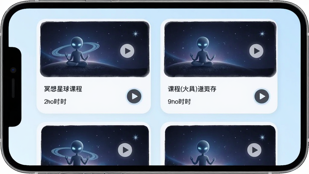 冥想星球课程列表页面,画面展示手机屏幕上的课程卡片排列,卡片上标注有课程名称和时长,背景是淡蓝色渐变,布局为两列网格排列,风格清新简约,细节上突出课程封面图和播放图标,画质清晰干净,无多余元素
