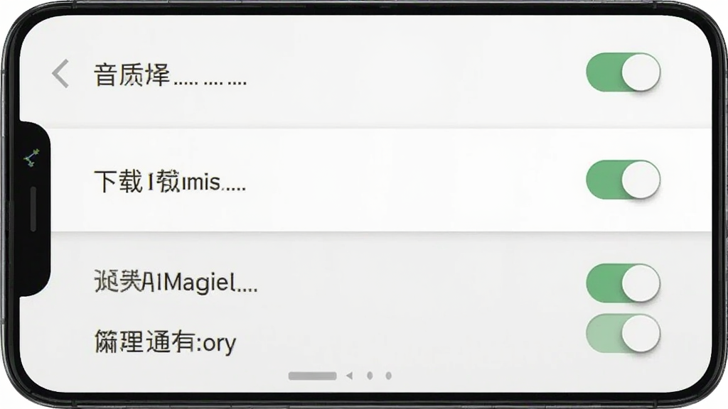 冥想星球安卓手机操作界面截图,画面展示手机屏幕上的设置页面,包含音质选择、下载管理和通知开关等选项,背景是白色和浅灰色,布局为列表式排列,风格简洁实用,细节上突出开关按钮和文字标签,画质清晰干净,无多余元素