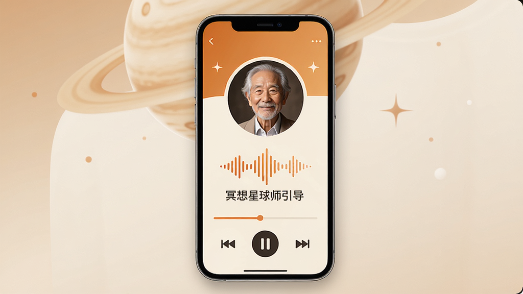 冥想星球导师引导界面,画面展示手机屏幕上的音频播放页面,屏幕上显示导师头像和播放进度条,背景是暖橙色和米白色,布局居中对称,风格专业温和,细节上突出声波图标和课程标题,画质高清干净,无多余装饰