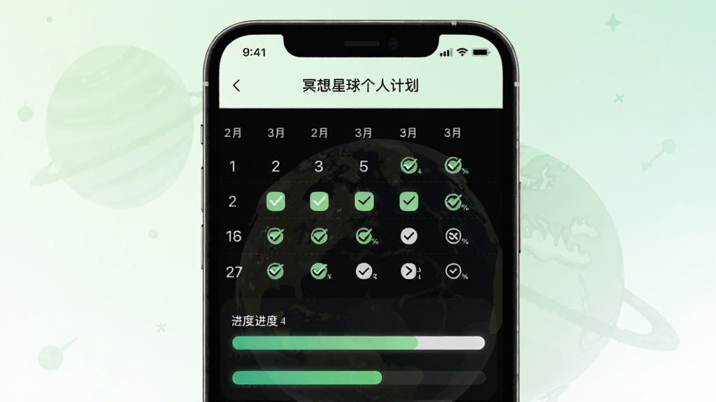 冥想星球个人计划页面,画面展示手机屏幕上的日历打卡界面和进度条,背景是淡绿色和白色渐变,布局为上下结构,风格清爽整洁,细节上突出对勾图标和进度百分比,画质清晰干净,无多余元素