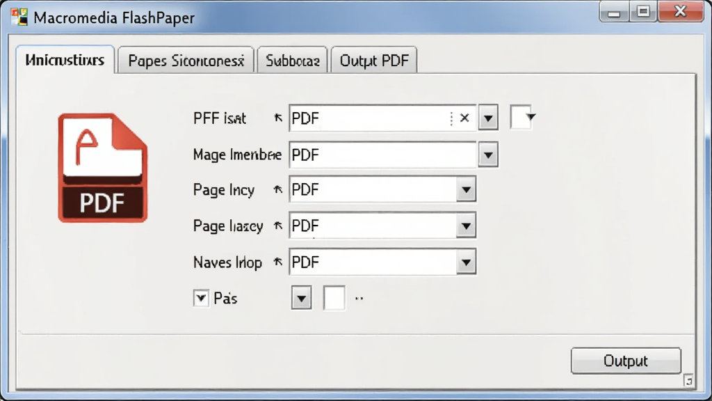 一张展示Macromedia FlashPaper软件输出PDF文件的界面截图,主体是软件输出设置面板,布局为上方选项卡、下方参数区域,排版整齐,风格为简约办公风格,细节包括PDF图标、页面尺寸选项、输出按钮,画质清晰,干净,无多余元素