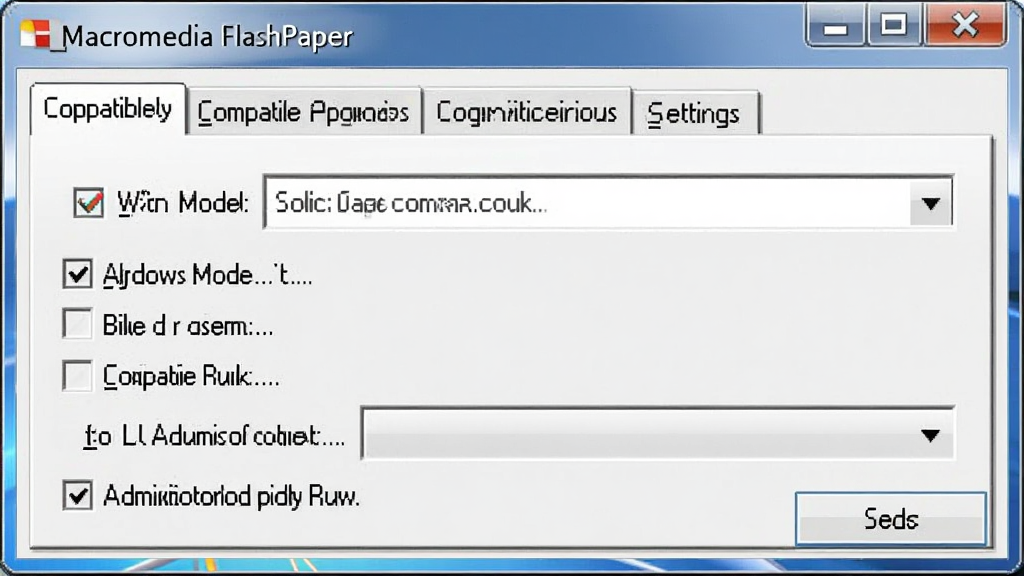 一张展示Macromedia FlashPaper在Windows系统中兼容性设置界面的截图,主体是程序属性窗口的兼容性选项卡,布局为上方选项卡、下方复选框和下拉菜单,排版清晰,风格为Windows系统设置界面,细节包括兼容模式下拉框、以管理员身份运行复选框,画质清晰,干净,无多余元素