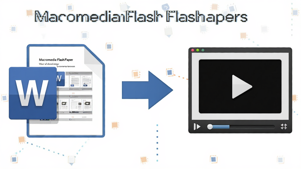 一张展示Macromedia FlashPaper软件将Word文档转换为Flash动画的示意图,主体是左侧Word文档图标与右侧Flash播放器图标之间有一个转换箭头,布局为左右对称,排版居中,风格为扁平化科技感,细节包括文档页面缩略图和Flash播放按钮,画质清晰,干净,无多余元素