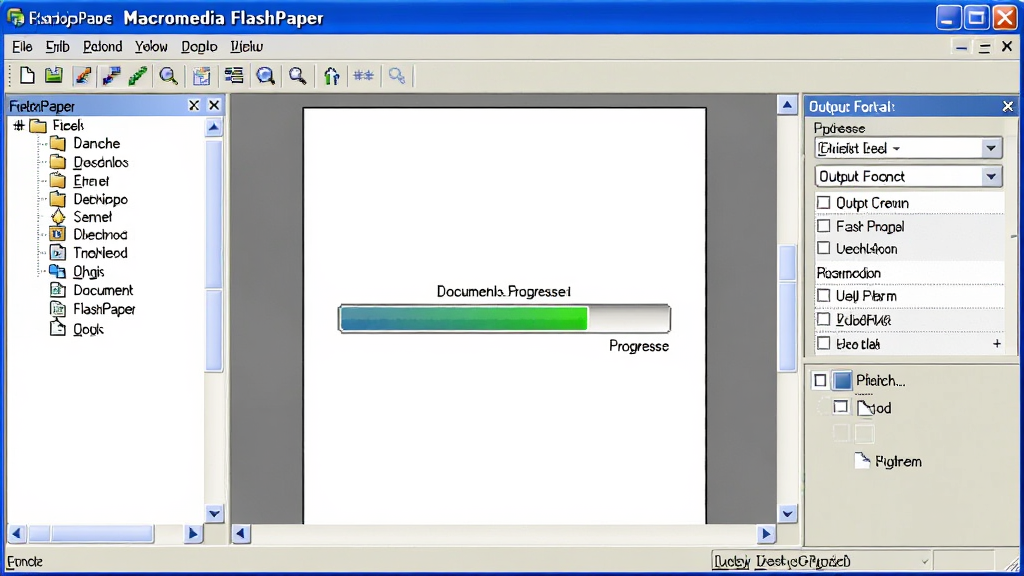 一张展示Macromedia FlashPaper软件界面的图片,主体是软件主窗口,布局为中央显示文档转换进度条,左侧为文件列表,右侧为输出格式选项,排版简洁清晰,风格为经典Windows XP时代软件界面,细节包括菜单栏、工具栏图标、状态栏,画质清晰,干净,无多余元素