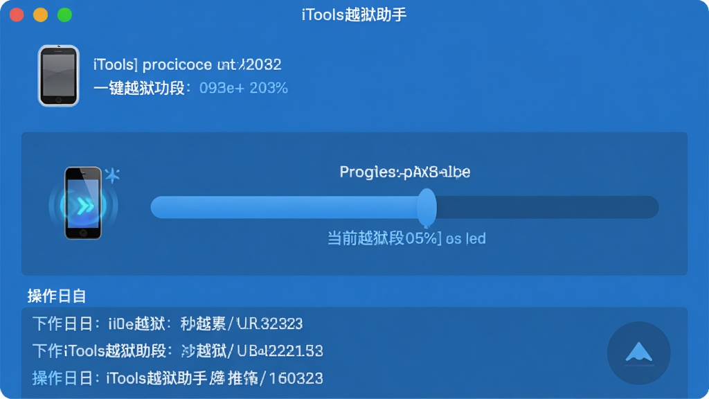 iTools越狱助手一键越狱功能界面,主体为软件操作面板上显示一键越狱进度条,布局为上方设备信息、中间进度展示、下方操作日志,排版纵向排列,风格为扁平化科技蓝配色,细节包括进度百分比、当前越狱阶段文字说明、设备图标闪烁效果,画质清晰,画面干净,无多余元素