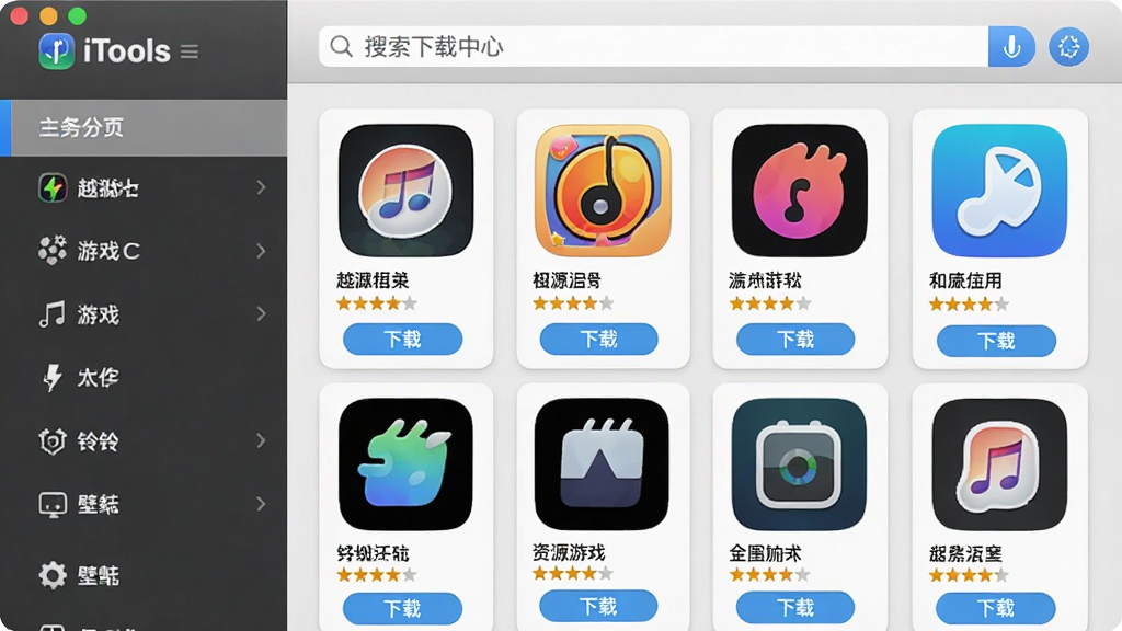 iTools越狱助手资源下载中心界面,主体为软件内展示应用、游戏、铃声、壁纸等分类资源列表,布局为顶部搜索栏、左侧分类标签、右侧资源卡片网格排列,排版整齐有序,风格为清新简约风,细节包括资源图标、名称、评分星级、下载按钮,画质高清,画面干净,无多余元素