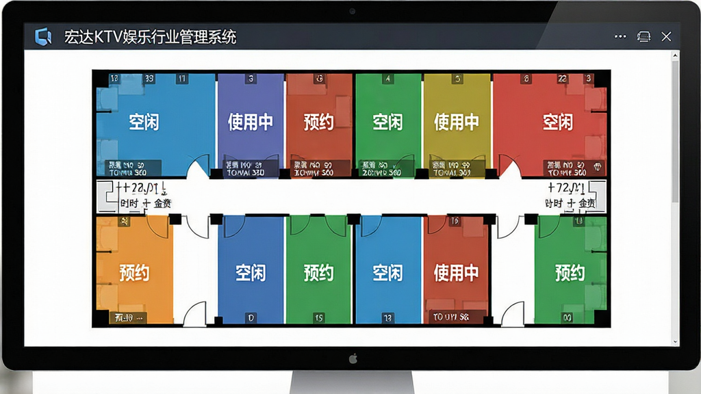 宏达KTV娱乐行业管理系统包厢管理界面特写图,画面主体为电脑屏幕显示的KTV包厢平面布局图,布局中每个包厢以不同颜色方块呈现并标注“空闲”“使用中”“预约”,排版为网格状,风格简洁直观,细节包含包厢编号、计时器、消费金额,画质清晰,干净,无多余元素