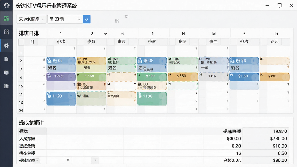 宏达KTV娱乐行业管理系统员工排班与提成报表界面,画面主体为软件中的排班日历和提成统计表格,布局上方为月份选择、中间为人员排班格子、下方为提成金额汇总,排版规整,风格为简约商务,细节包含姓名、班次颜色、金额数字,画质清晰,干净,无多余元素
