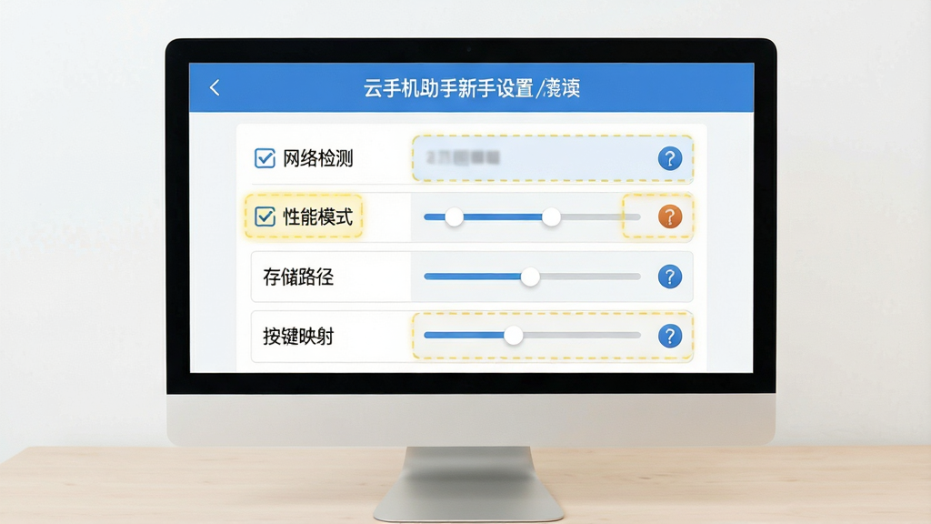 一张展示云手机助手新手设置界面的示意图,画面中电脑屏幕显示设置面板,面板内有网络检测、性能模式、存储路径、按键映射等选项,部分选项旁有高亮提示框,背景是简洁的浅色桌面,风格为清晰教程风,细节包括勾选框、滑块、问号图标,画质高清,画面干净,无多余元素