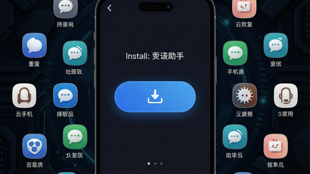 一张展示云手机助手一键安装应用功能的场景图,画面中央是云手机助手界面,界面内有一个显眼的安装按钮,按钮周围环绕着各种应用图标,图标以圆形排列,背景是深色科技纹理,风格为现代简约,细节包括按钮上的下载箭头、应用图标上的名称标签,画质高清,画面干净,无多余元素