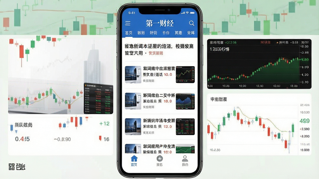 第一财经手机应用主界面截图,画面中央展示财经新闻信息流与股市行情卡片,顶部为品牌蓝色导航栏,底部为功能菜单,布局清晰,风格商务简洁,细节精致,画质清晰干净,无多余元素