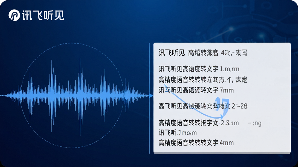 一张展示讯飞听见高精度语音转文字功能的特写图,画面主体是一段音频波形正在被转换为整齐的文字段落,文字内容清晰可见,背景是深蓝色的科技感渐变,画面中有“讯飞听见”的标识,风格简洁现代,细节展示转写前后的对比,画质高清,干净,无多余元素