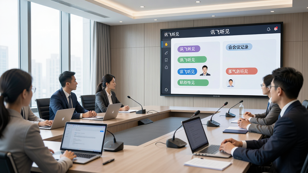 一张展示讯飞听见实时会议记录功能的场景图,画面中是一个现代化的会议室,多位参会人员正在讨论,前方大屏幕上显示着讯飞听见的实时转写界面,不同发言人的文字用不同颜色标注,屏幕上方有“讯飞听见”字样,整体风格专业商务,细节包括会议桌上的麦克风和笔记本电脑,画质高清,干净,无多余元素