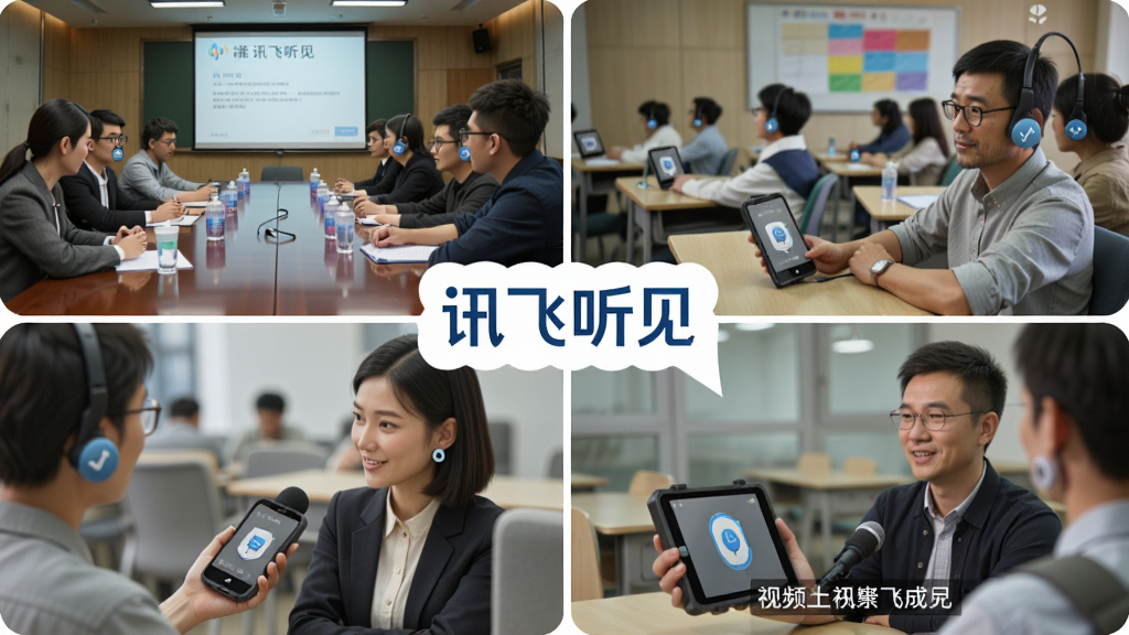 一张展示讯飞听见多场景适配功能的拼图式图片,画面分为四个区域,分别展示会议、课堂、采访、视频字幕四个场景,每个场景中都有用户在使用讯飞听见,画面中央有“讯飞听见”的品牌标识,整体风格生活化且专业,细节包括不同场景下的设备使用状态,画质高清,干净,无多余元素