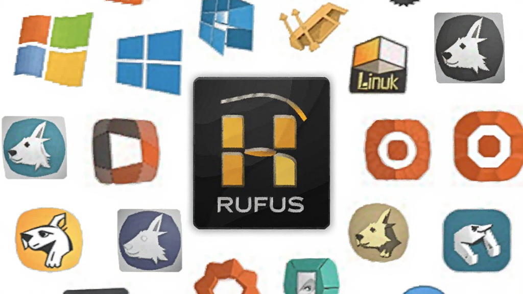 一张展示多种操作系统Logo环绕Rufus软件图标的图片,主体为Rufus图标位于中心,布局呈圆形放射状,排版均衡,风格为简洁商务风,细节包含Windows、Linux、Ubuntu等系统标识,画质清晰,画面干净,无多余元素
