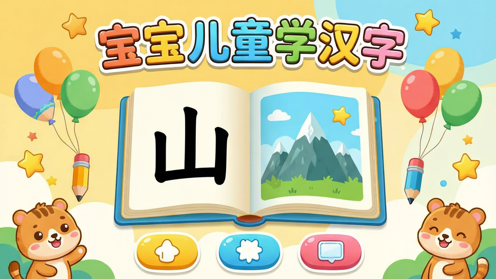 宝宝儿童学汉字软件主界面展示,画面中央是一本翻开的彩色电子书,书页上显示着大大的汉字“山”和对应的山峰插图,周围环绕着卡通风格的儿童学习元素,如铅笔、气球、星星。布局采用中心对称排版,上方是软件名称“宝宝儿童学汉字”的彩色艺术字,下方是几个圆润的卡通按钮。整体风格为明亮活泼的儿童插画风,色彩以暖黄、天蓝、嫩绿为主,细节包括圆角图标和可爱的小动物角色。画质清晰,画面干净,无多余元素,适合作为软件宣传图。