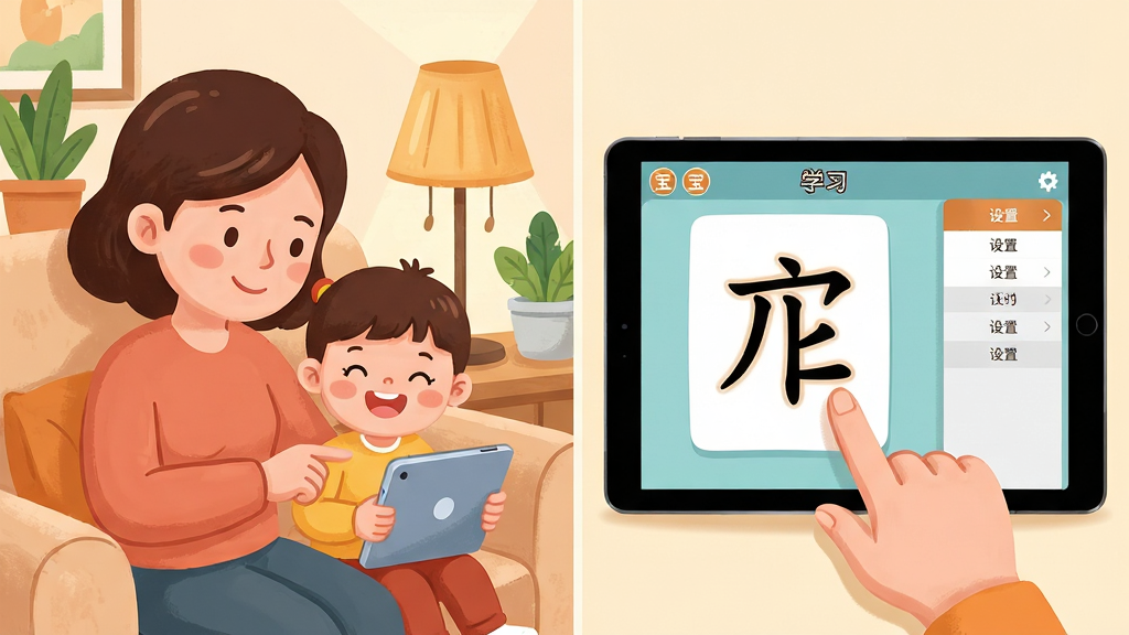宝宝儿童学汉字使用指南示意图,画面展示一个卡通风格的家长和孩子一起使用平板电脑的场景,家长手指着屏幕上的汉字,孩子开心地跟读。布局采用左右分栏,左侧是家长和孩子,右侧是平板屏幕特写,屏幕上显示着学习界面和设置菜单。风格为温馨的家庭场景插画风,色彩温暖柔和,细节包括沙发、台灯和绿植。画质清晰,画面干净,无多余元素。
