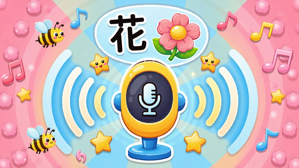 宝宝儿童学汉字语音跟读评测功能展示,画面中央是一个带有麦克风图标的卡通话筒,话筒周围环绕着声波图案和星星奖励,上方显示汉字“花”和一朵盛开的花朵。布局采用中心放射状排版,话筒位于正中,声波向外扩散。风格为活泼的儿童科技插画风,色彩以粉色、黄色和蓝色为主,细节包括可爱的小蜜蜂和音符。画质高清,画面干净,无多余元素。