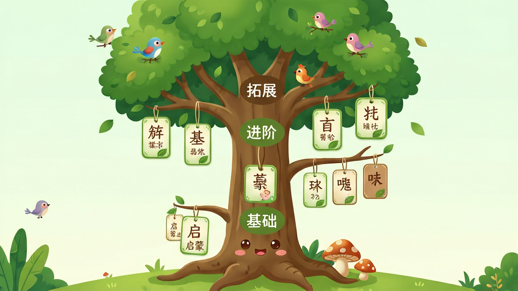 宝宝儿童学汉字分龄课程体系界面,画面展示一个树状结构的课程路线图,从树根到树冠分别标注着“启蒙”、“基础”、“进阶”、“拓展”等阶段,每个阶段上挂着不同数量的汉字卡片,卡片上有简单的汉字和对应的图标。布局为垂直上升式排版,底部是可爱的卡通树根,顶部是茂密的树冠。风格为清新自然的儿童教育插画风,色彩以绿色和棕色为主,细节包括树上的小鸟和树下的蘑菇。画质清晰,画面干净,无多余元素。
