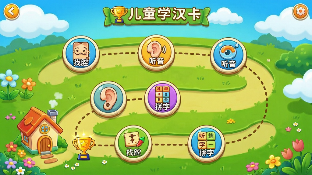 宝宝儿童学汉字益智复习游戏界面,画面展示一个游戏关卡选择地图,地图上有多个圆形关卡节点,每个节点上标注着不同的游戏类型图标,如“找茬”、“听音”、“拼字”,节点之间用虚线连接,起点是一个卡通房子,终点是一个奖杯。布局为蜿蜒曲折的路径式排版。风格为卡通冒险游戏地图风,色彩鲜艳丰富,细节包括路边的花草和云朵。画质清晰,画面干净,无多余元素。