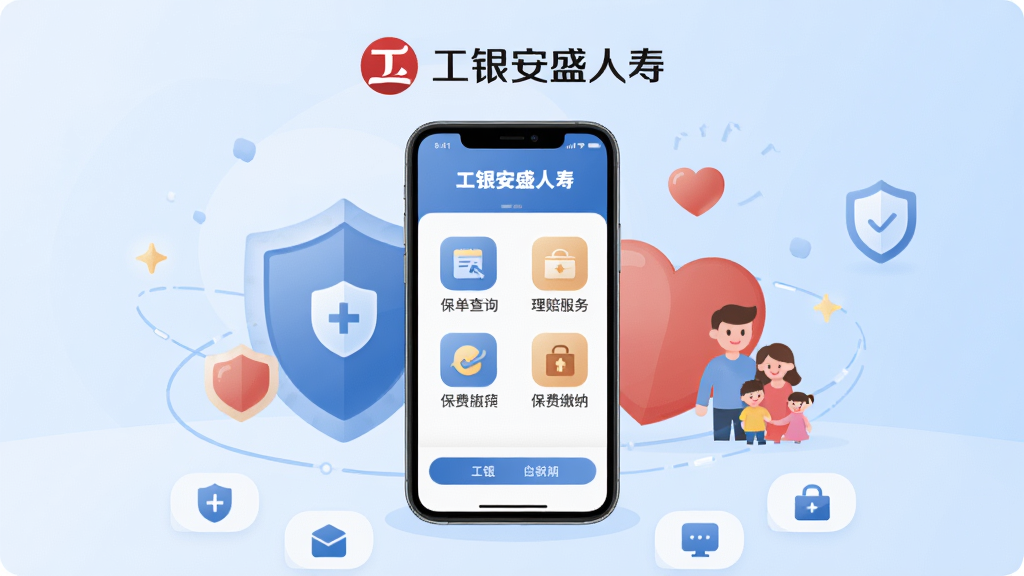 画面中央展示一部智能手机,手机屏幕上显示工银安盛人寿APP的首页界面,界面中清晰可见保单查询、理赔服务、保费缴纳等功能图标,手机周围环绕盾牌、爱心、家庭等象征保障与安全的元素,背景采用柔和的浅蓝色渐变,整体布局以手机为视觉中心,上方放置工银安盛人寿品牌标识,下方散落几个简洁的图标按钮,风格为现代扁平化商务插画,细节上图标圆润、线条干净,画面干净整洁无多余元素,高清画质,适合作为软件下载页面预览图。