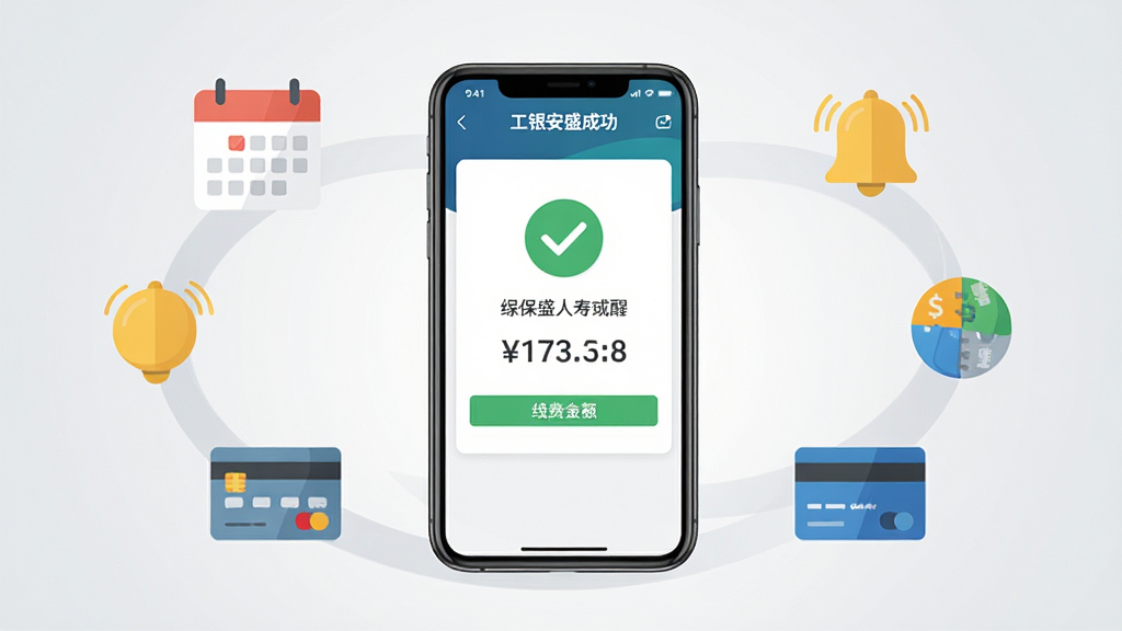 画面中心为一部手机显示工银安盛人寿APP的保费缴纳成功页面,页面中有绿色的对勾图标和缴费金额,手机周围环绕日历、铃铛提醒、银行卡等图标元素,背景为浅灰色渐变,布局上手机居中,图标均匀分布在四周,风格为现代扁平化设计,细节上颜色鲜明、图标简洁,高清画质,画面干净无多余元素,突出缴费便捷与提醒功能。