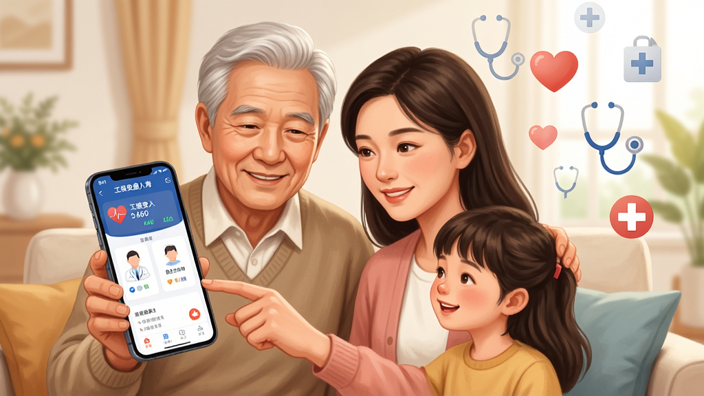 画面展示一位长者与一位年轻家庭成员共同查看手机上的工银安盛人寿APP健康服务页面,屏幕显示心率图标和医生在线咨询界面,背景为明亮的家庭客厅,布局上两人位于画面中央偏左,右侧漂浮着爱心、听诊器、健康十字等图标,风格为温馨写实插画,细节上人物表情祥和、界面清晰,高清画质,画面整洁无多余元素,体现健康关怀与家庭保障。