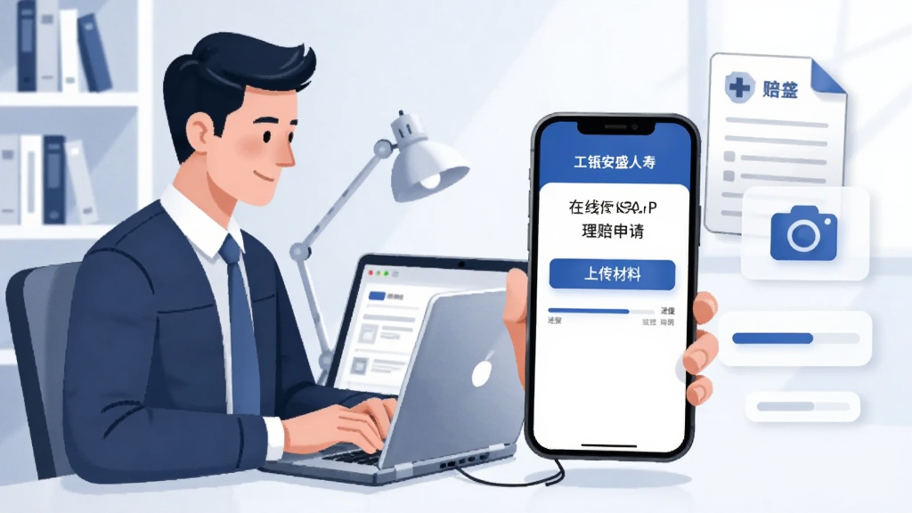 画面描绘一位男士在书房中使用笔记本电脑旁放置的手机,手机屏幕展示工银安盛人寿APP的理赔申请界面,界面中可见上传材料的按钮和进度条,画面布局为人物位于左侧,右侧漂浮着医疗单据、相机图标和进度条等元素,风格为简约商务插画,细节上色调以蓝色和白色为主,线条简洁,高清画质,无多余装饰元素,传达在线理赔的便捷与专业。