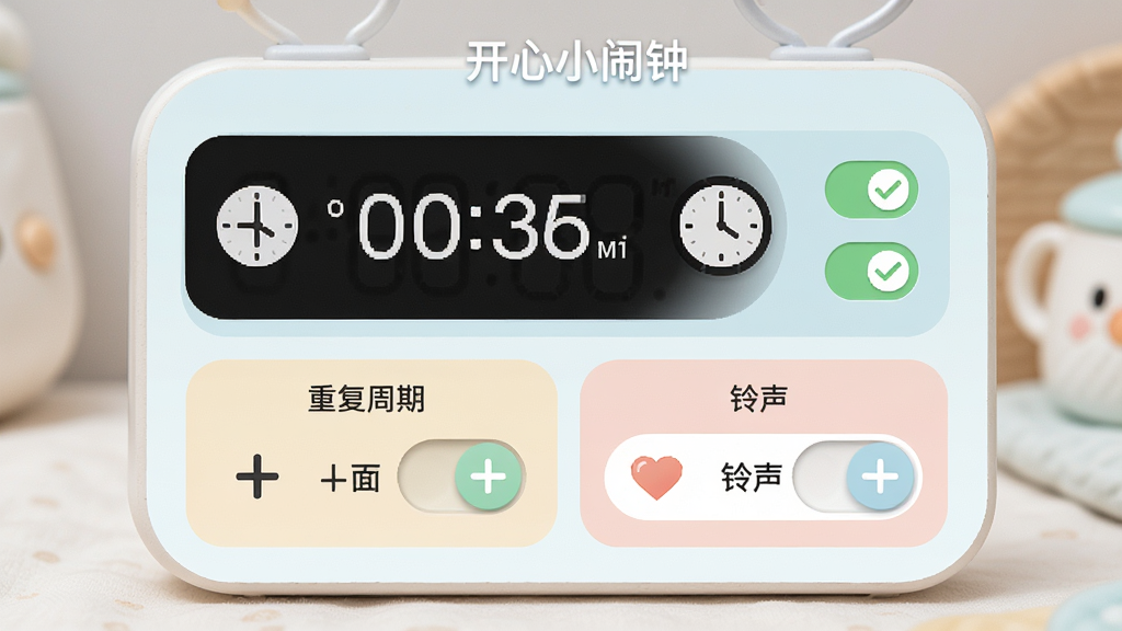 开心小闹钟定时闹钟设置界面图,主体为闹钟设置面板,布局采用上下结构,上方为时间选择区域,下方为重复周期和铃声选择区域,排版清晰直观,风格为清新简约、柔和配色,细节包含加号添加按钮、开关控件、时钟图标、勾选状态,画面中出现“开心小闹钟”文字,画质高清、干净、无多余元素