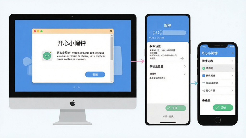 开心小闹钟新手安装设置流程图,主体为电脑屏幕和手机屏幕并排展示,布局采用左右对比,排版清晰,风格为扁平化教程风格,细节包含安装向导窗口、权限设置界面、闹钟列表、勾选按钮,画面中出现“开心小闹钟”文字,画质高清、干净、无多余元素