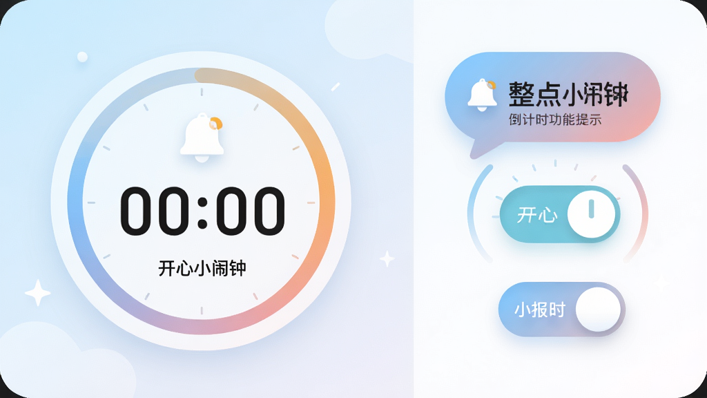 开心小闹钟整点报时与倒计时功能示意图,主体为倒计时圆环和整点报时提示气泡,布局采用左右分栏,左侧为倒计时数字,右侧为报时开关,排版简洁明了,风格为清爽现代、柔和渐变,细节包含进度圆环、铃铛图标、时间数字、开关按钮,画面中出现“开心小闹钟”文字,画质高清、干净、无多余元素