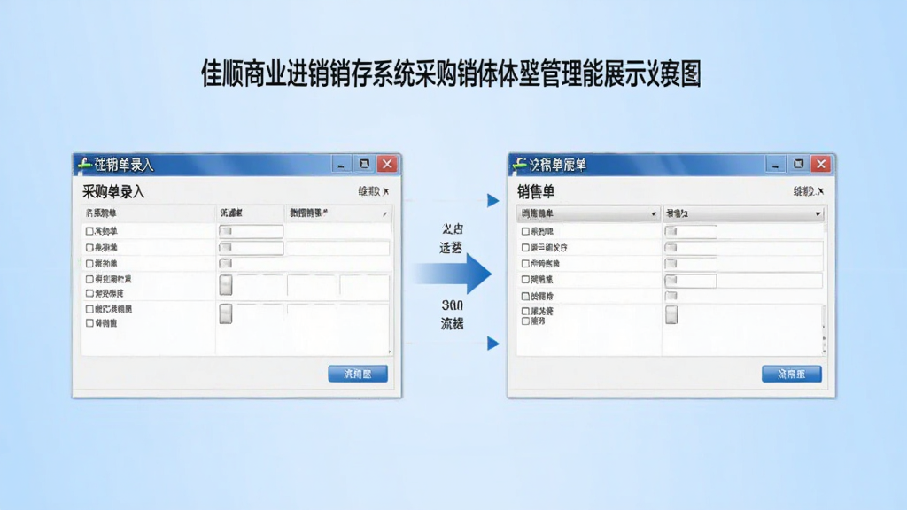 佳顺商业进销存系统采购销售一体化管理功能界面展示图,画面中显示采购单录入窗口与销售单录入窗口并排排列,中间用箭头连接表示数据流转,背景为浅蓝色渐变,风格简洁商务,画质清晰,无多余元素