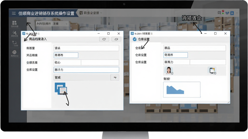 佳顺商业进销存系统操作设置界面展示图,画面中显示商品档案录入窗口与仓库设置窗口,界面布局清晰,按钮和输入框标注明确,风格商务简约,画质干净,无多余元素
