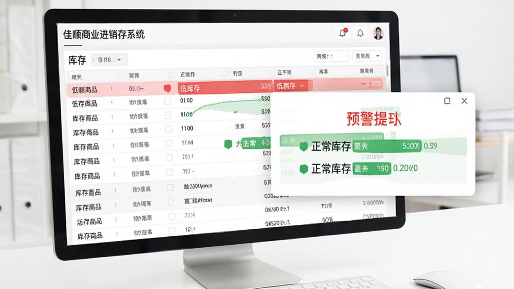 佳顺商业进销存系统库存实时监控与预警功能界面图,画面中展示库存列表与预警提示弹窗,红色标识低库存商品,绿色标识正常库存,背景为白色工作台,风格清爽,画质干净,无多余元素