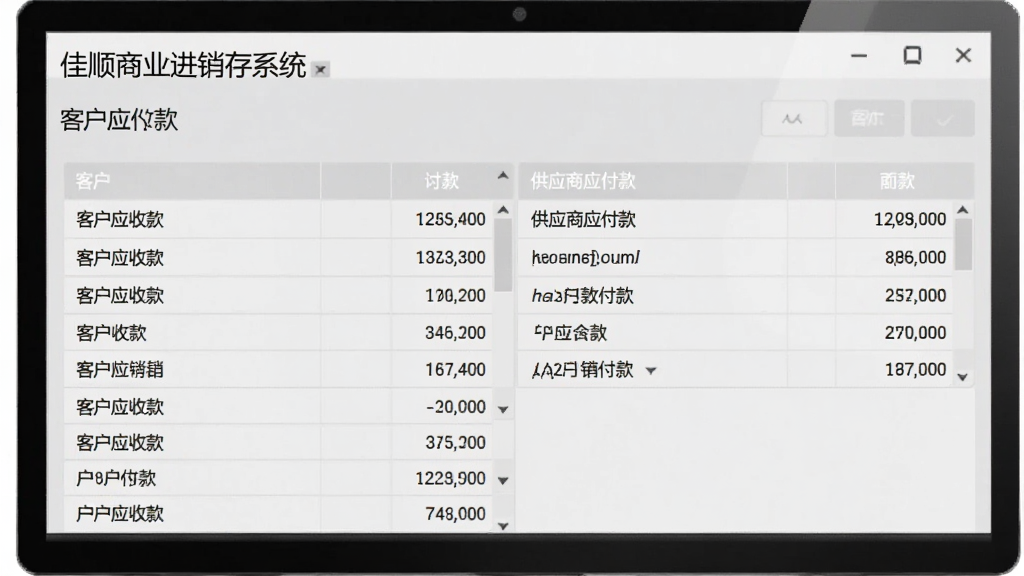 佳顺商业进销存系统往来账目管理界面展示图,画面中显示客户应收款列表与供应商应付款列表,表格中金额数字清晰可见,背景为淡灰色,风格素雅,画质清晰,无多余元素